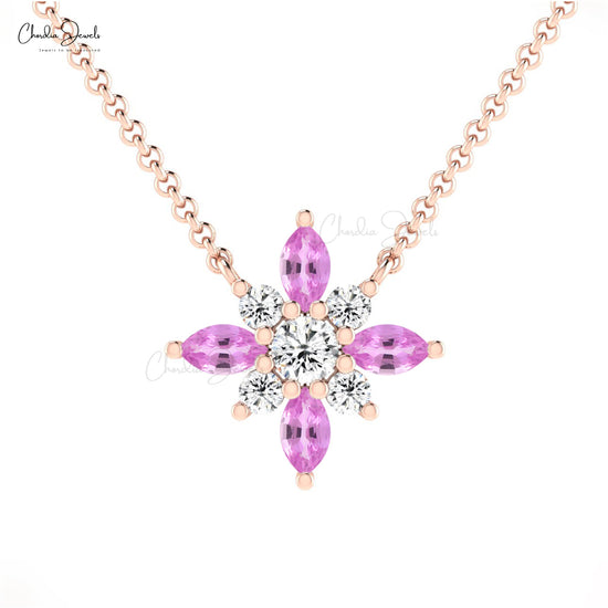 Genuine Pink Sapphire 4x2mm Marquise Cut Snow Flake Pendant For Women 14k Solid Gold 0.23 Ct Diamond Wedding Pendant Necklace Fine Jewelry