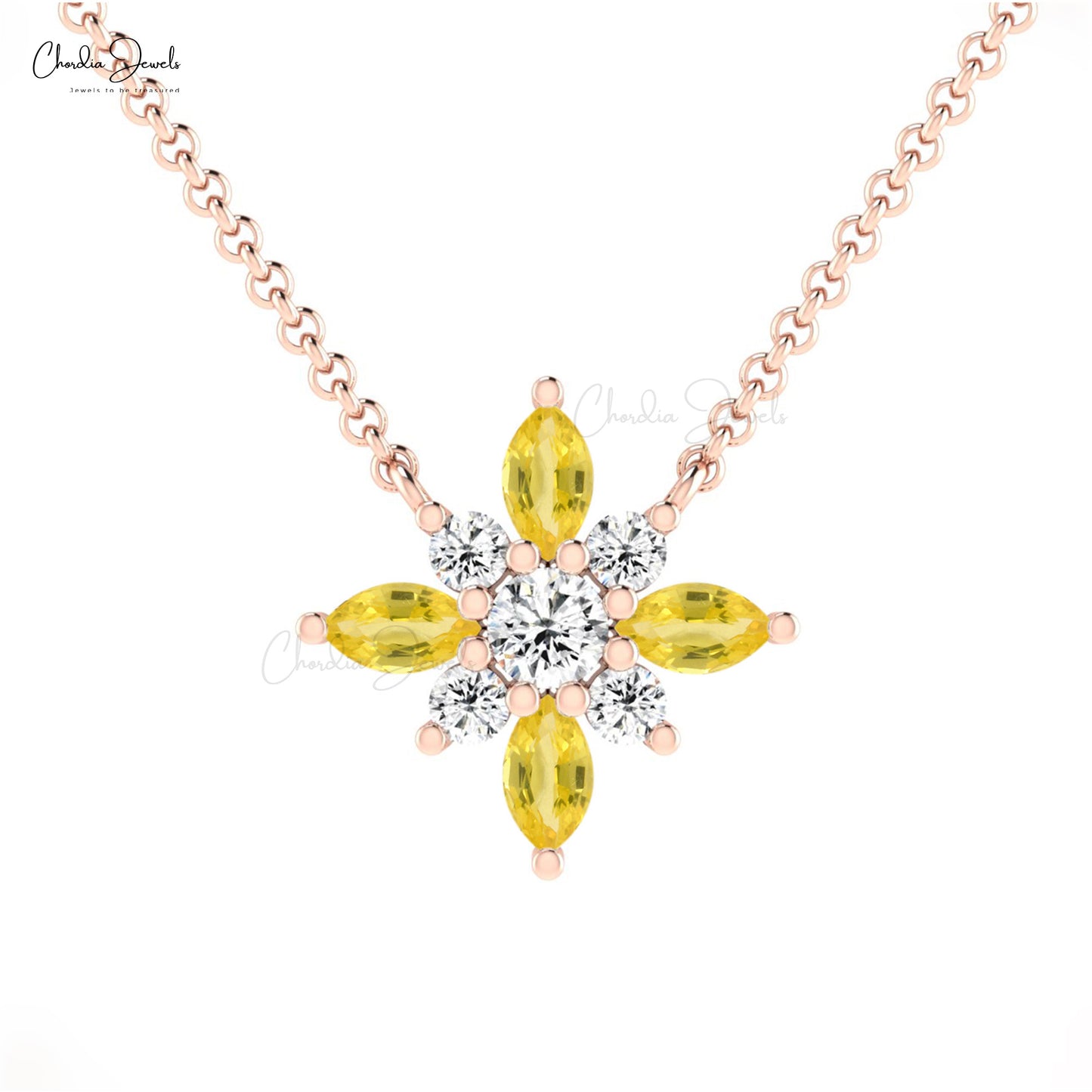 Real 14k Gold April Birhstone White Diamond Snow Flake Pendant Authentic Yellow Sapphire 0.32 Ct Marquise Cut Gemstone Pendant Hallmarked Jewelry For Gift