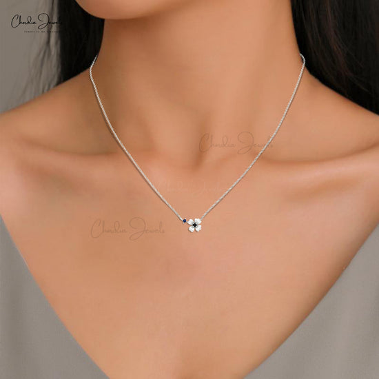 Load image into Gallery viewer, High Quality Genuine Black Diamond Floral Necklace Pendant For Women 2mm Square Blue Sapphire Necklace in 14k Solid Gold Minimalist Jewelry For Her
