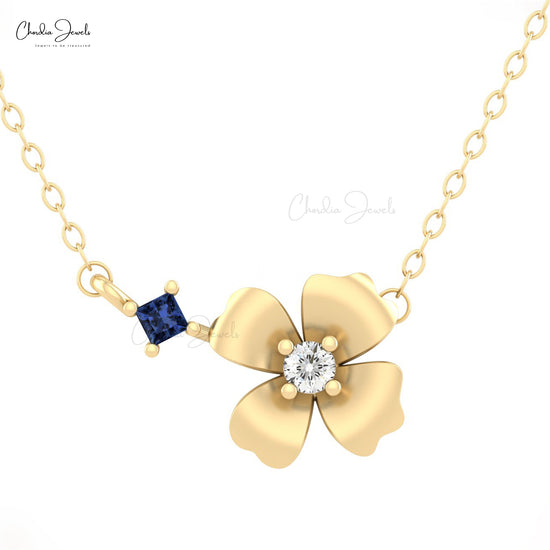 Unique Handmade 14k Solid Gold White Diamond Floral Necklace Pendant 2mm Square Cut Natural Blue Sapphire Gemstone Necklace Minimalist Jewelry For Gift