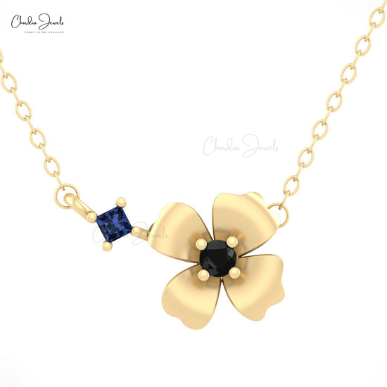 Load image into Gallery viewer, High Quality Genuine Black Diamond Floral Necklace Pendant For Women 2mm Square Blue Sapphire Necklace in 14k Solid Gold Minimalist Jewelry For Her
