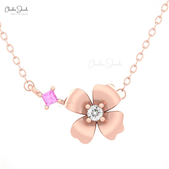 Creative Beautiful Natural Pink Sapphire Floral Necklace Pendant For Women 14k Real Gold White Diamond Necklace Light Weight Jewelry For Gift