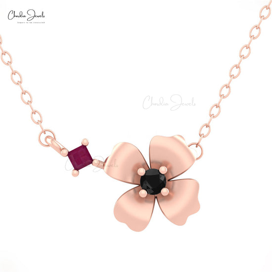 Women's Elegant  Floral Necklace Natural Red Ruby Gemstone Necklace Pendant With Spring Ring 14k Solid Gold Black Diamond Jewelry For Gift