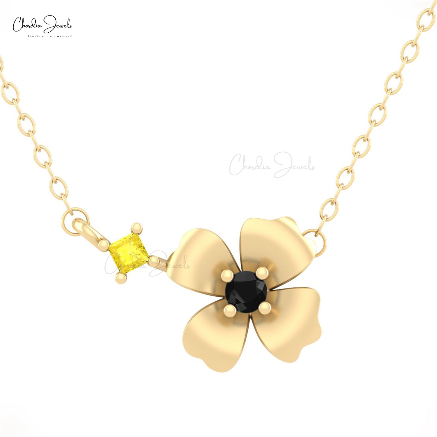 Load image into Gallery viewer, Natural Yellow Sapphire Gemstone Floral Necklace Pendant 0.06 Ct Black Diamond Necklace in 14k Pure Gold Hallmarked Jewelry For Women
