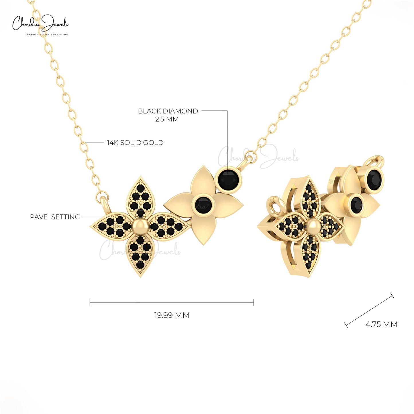 14k Solid Gold Black Diamond Necklace
