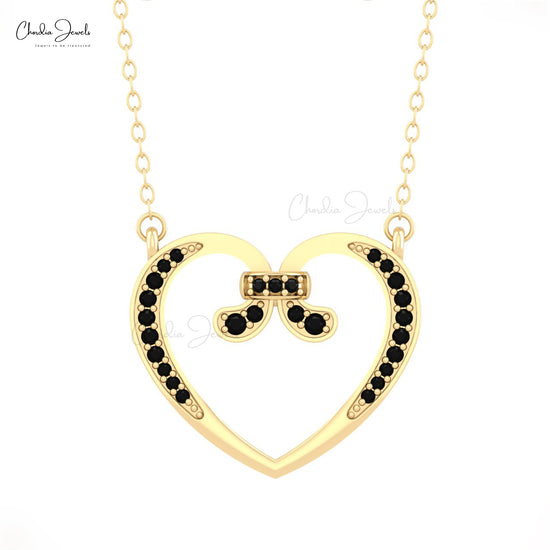 Authentic Black Diamond Open Heart Necklace Pendant With Spring 14k Solid Gold Diamond Necklace Hallmarked Jewelry For Valentine's Day Gift