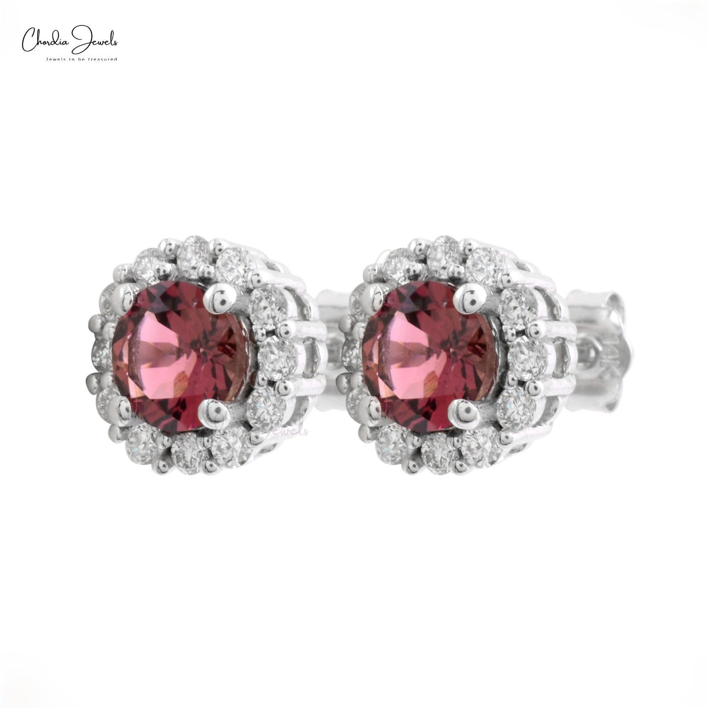 Elegant Pink Tourmaline 5mm Brilliant Round Cut Halo Studs 14k Real Gold White Diamond Handmade Jewelry For Her