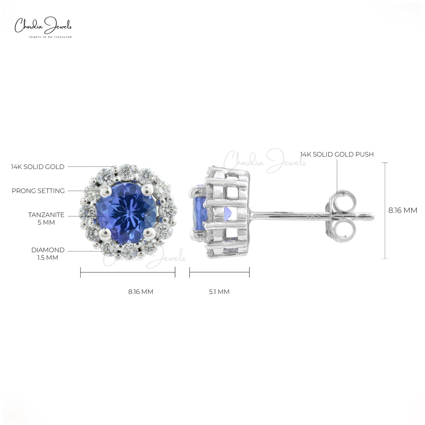 Real 14k White Gold SI1-S12 Quality White Diamond Halo Studs 5mm Round Cut December Birthstone Genuine Blue Tanzanite Gemstone Jewelry For Her