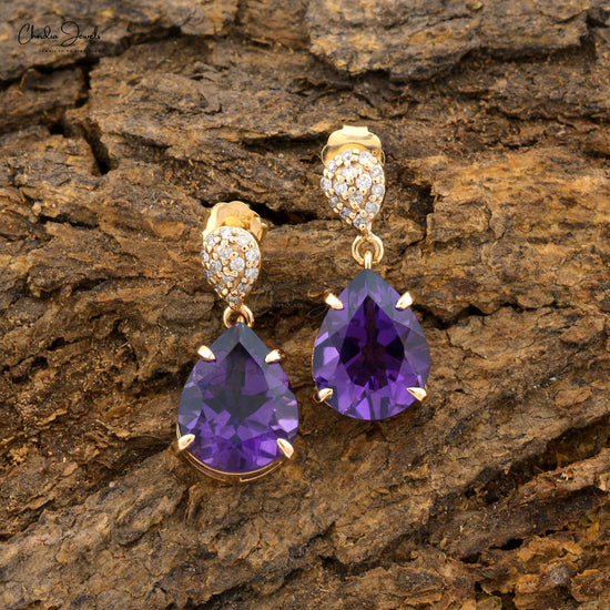 Load image into Gallery viewer, Natural Pear-Cut 4.05 Carat Amethyst Drop Earring in 14k Gold Diamond 
