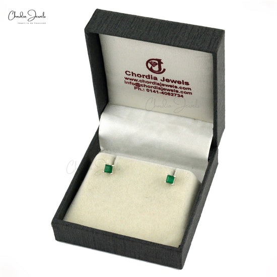 Top Quality Zambian 4mm Square Cut Green Emerald Gemstone Studs 925 Sterling Silver Earrings Jewelry At Discount Price