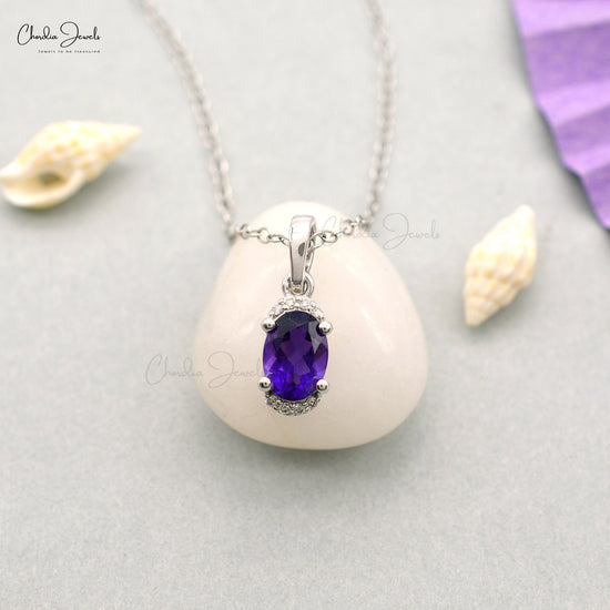 Dangle Diamond Pendant With 7x5mm Natural Amethyst 14k White Gold Half Halo Pendant