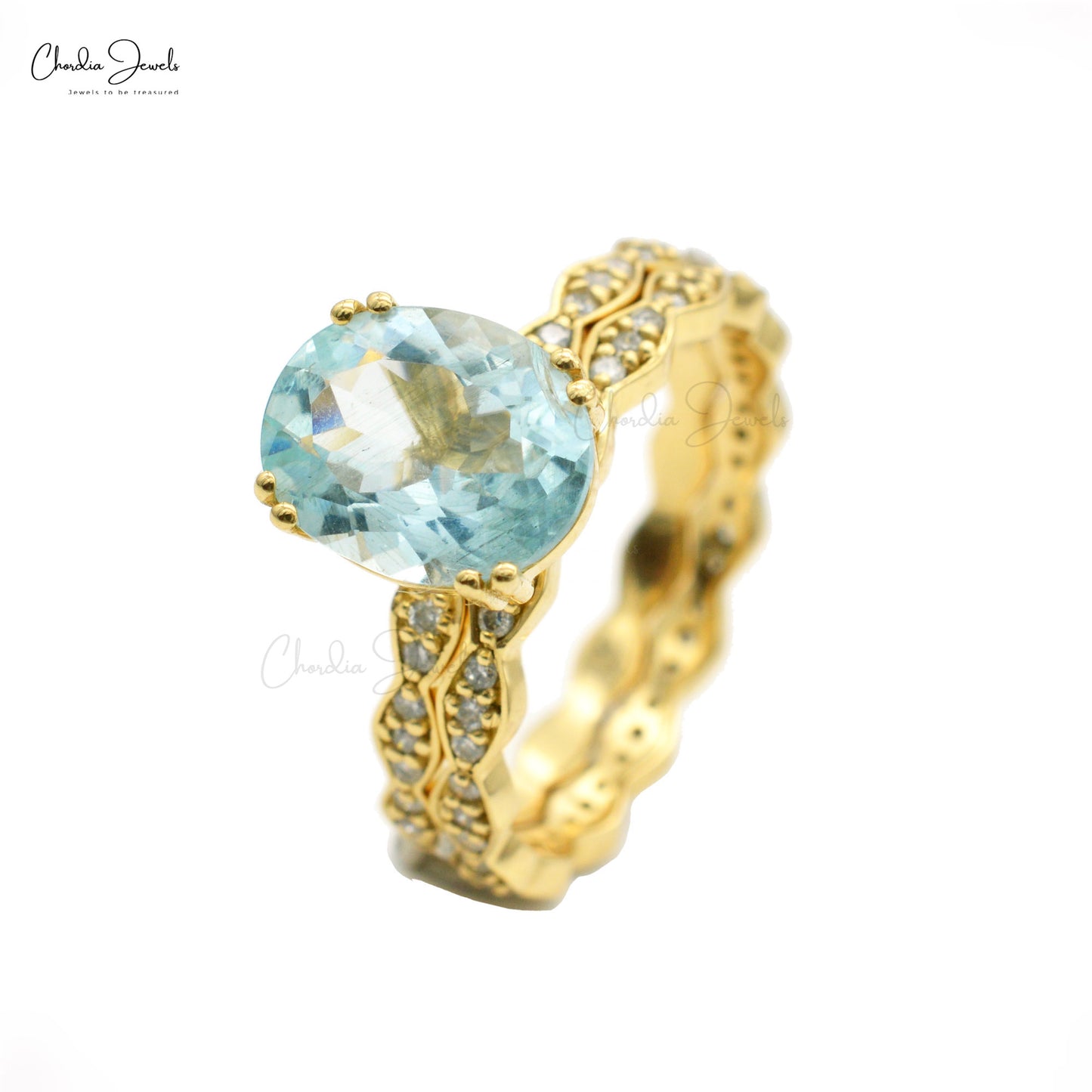 Load image into Gallery viewer, Vintage Gorgeous Natural Aquamarine Statement Ring 1.92 Ct Gemstone Stackable Ring 14k Solid Gold White Diamond Wedding Band Hallmarked Jewelry For Valentine
