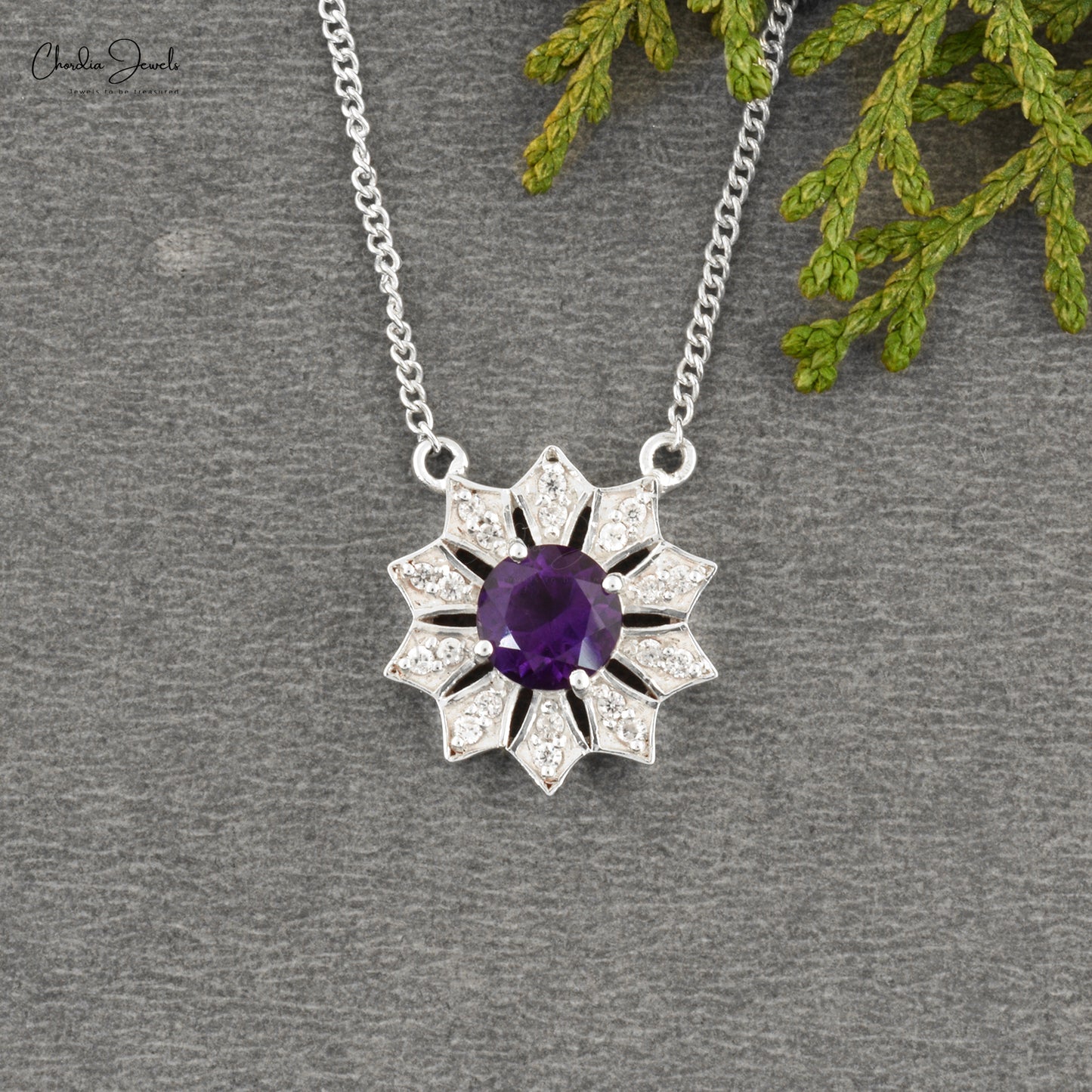 Flower Round Cut Necklace With 6mm Amethyst & Zircon Necklace In 925 Sterling Silver