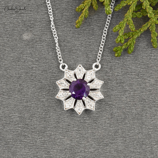 Flower Round Cut Necklace With 6mm Amethyst & Zircon Necklace In 925 Sterling Silver