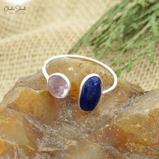 Fine Quality 925 Sterling Silver Ring Lapis-Lazuli & Pink Amethyst Open Cuff Ring Wire Set Trendy Jewelry
