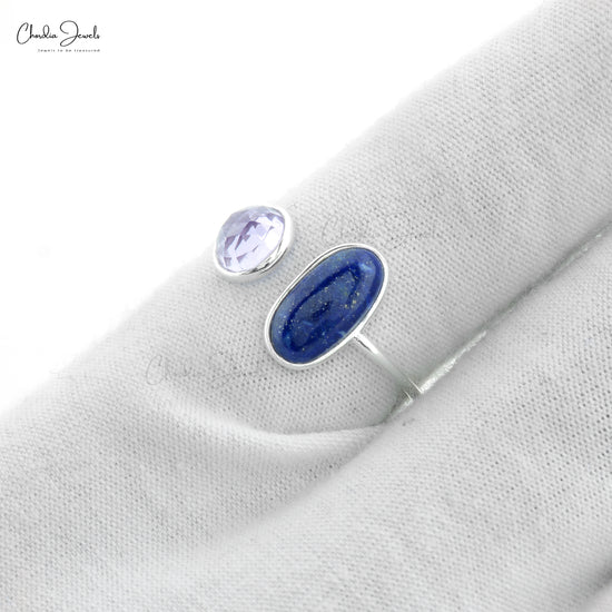 Fine Quality 925 Sterling Silver Ring Lapis-Lazuli & Pink Amethyst Open Cuff Ring Wire Set Trendy Jewelry