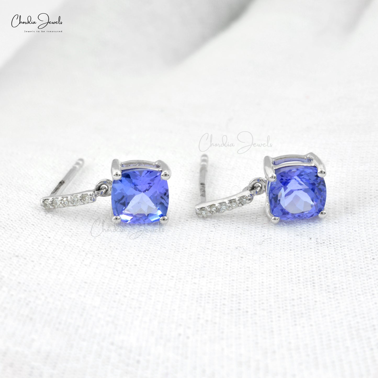 Natural Tanzanite & Diamond Dangle Earrings 6mm Cushion Cut Gemstone Art Deco Earrings 14k Real White Gold Handmade Jewelry