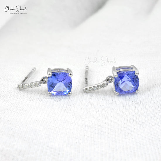 Natural Tanzanite & Diamond Dangle Earrings 6mm Cushion Cut Gemstone Art Deco Earrings 14k Real White Gold Handmade Jewelry