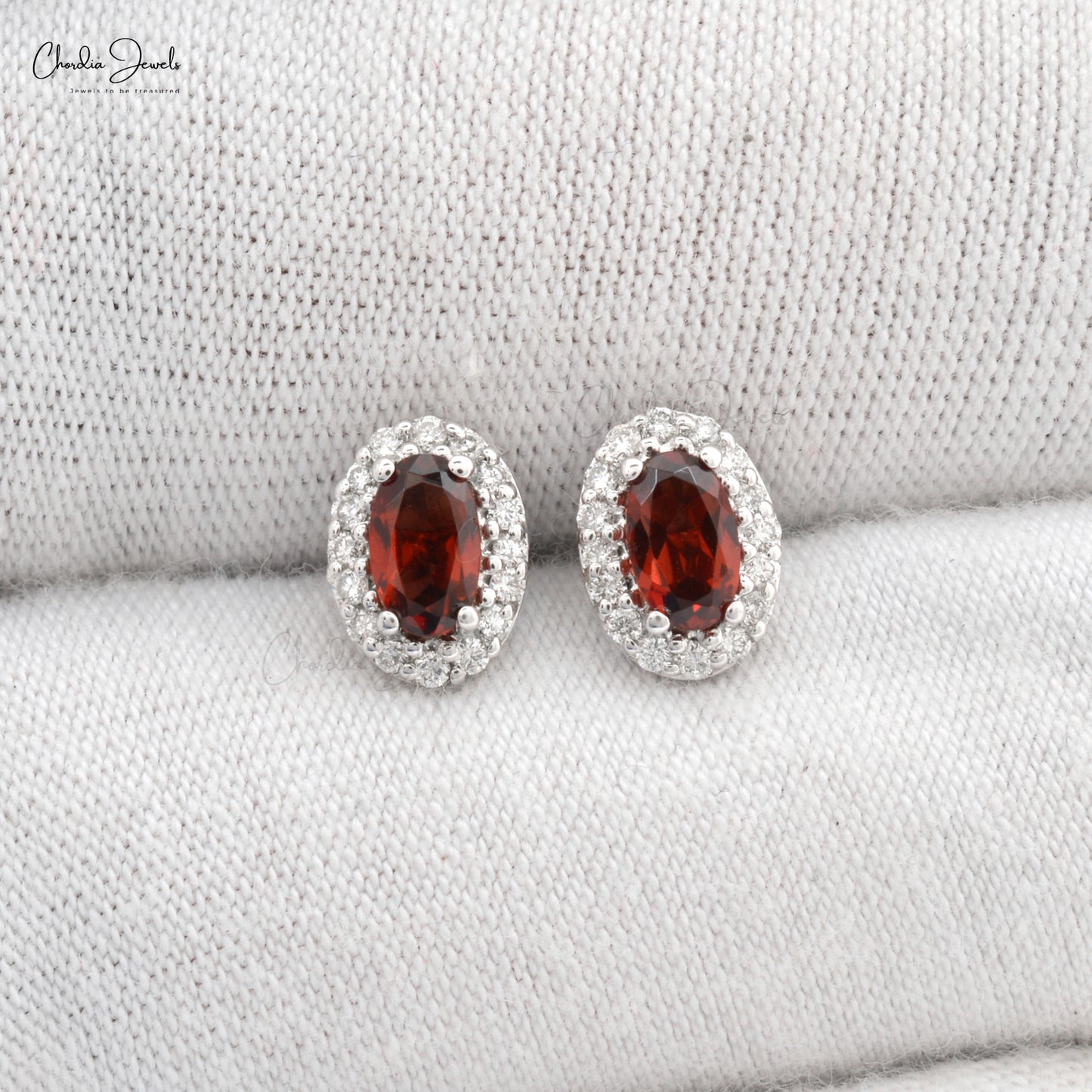 Load image into Gallery viewer, New Trendy Halo Stud Earrings Studded With Diamonds 5x3mm Oval Authentic Red Garnet Gemstone Studs in 14k Real White Gold Jewelry For Her

