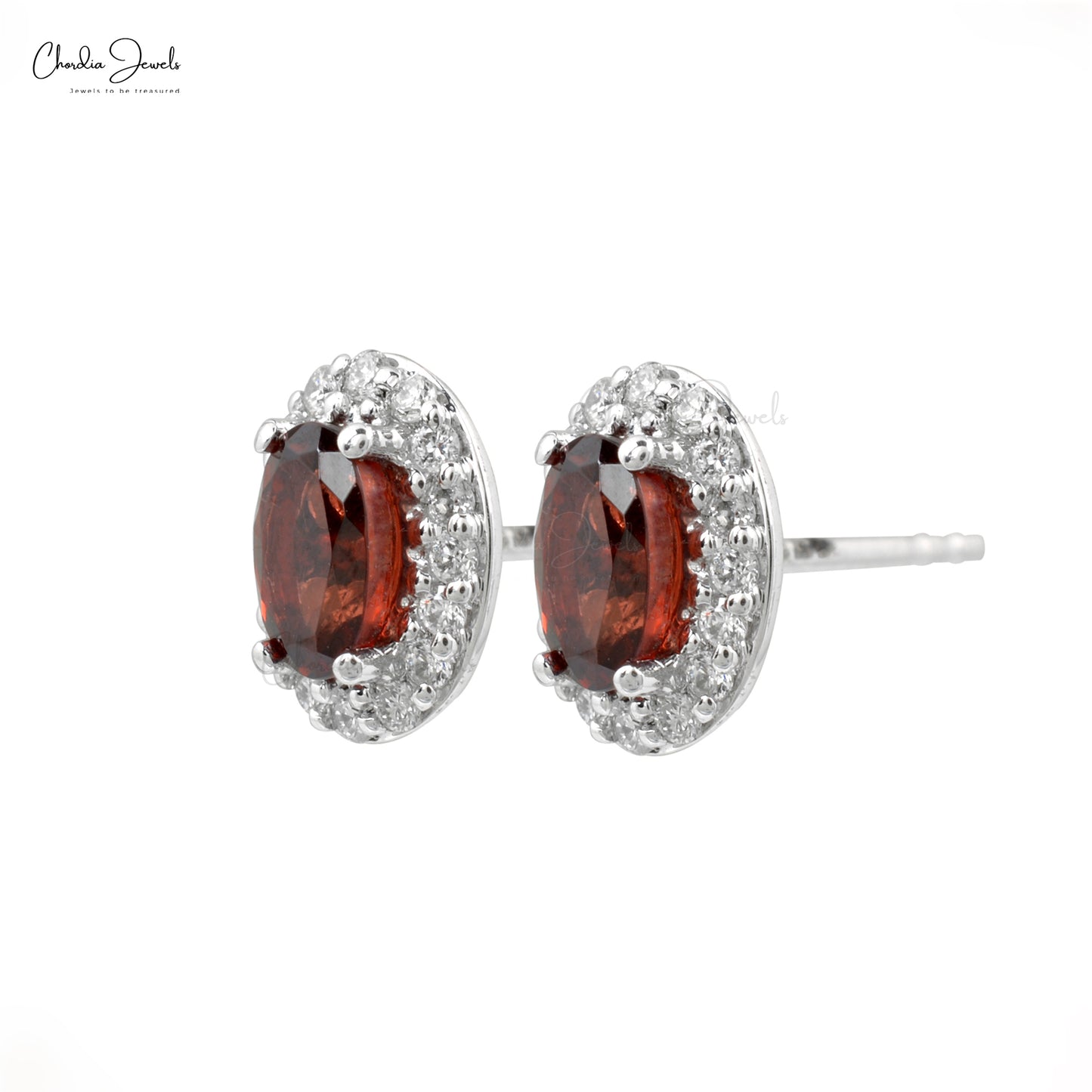 Load image into Gallery viewer, New Trendy Halo Stud Earrings Studded With Diamonds 5x3mm Oval Authentic Red Garnet Gemstone Studs in 14k Real White Gold Jewelry For Her
