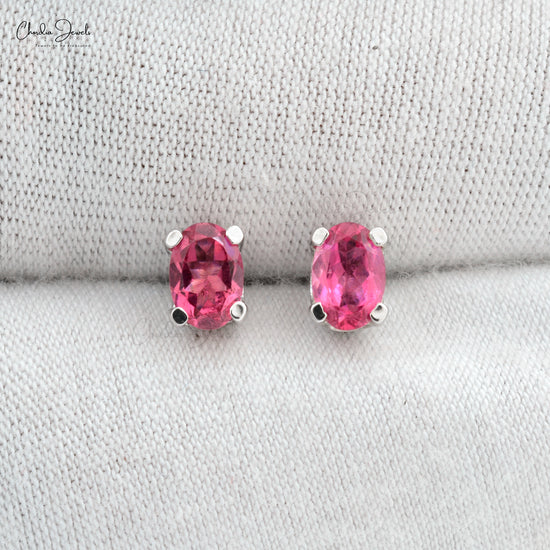 Authentic Pink Tourmaline 6x4mm Oval Cut Solitaire Studs 14k Real White Gold October Birthstone Hallmarked Jewelry
