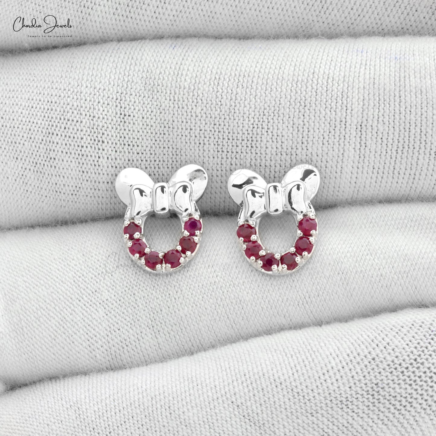 Load image into Gallery viewer, Natural 2mm Ruby Mickey Mouse Earrings 14k White Gold Birthstone Light Weight Earrings
