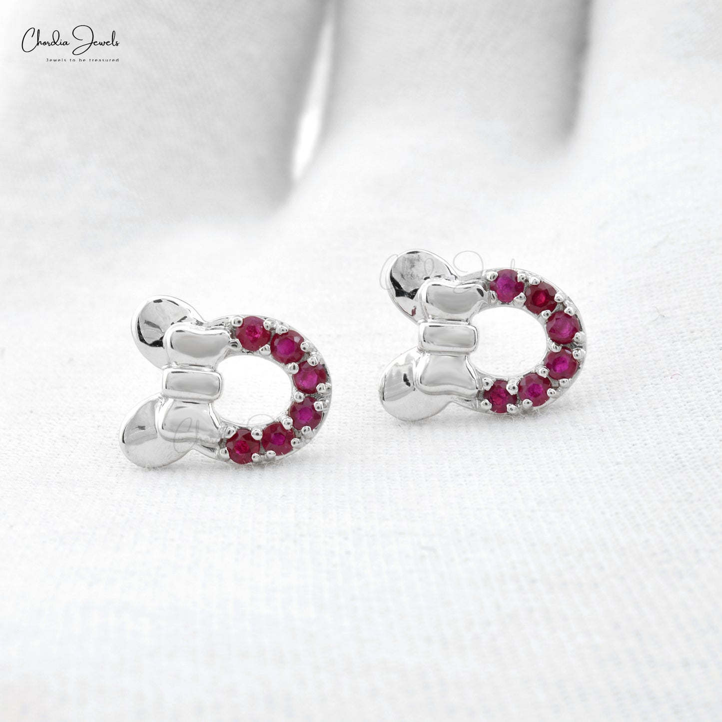 Load image into Gallery viewer, Natural 2mm Ruby Mickey Mouse Earrings 14k White Gold Birthstone Light Weight Earrings
