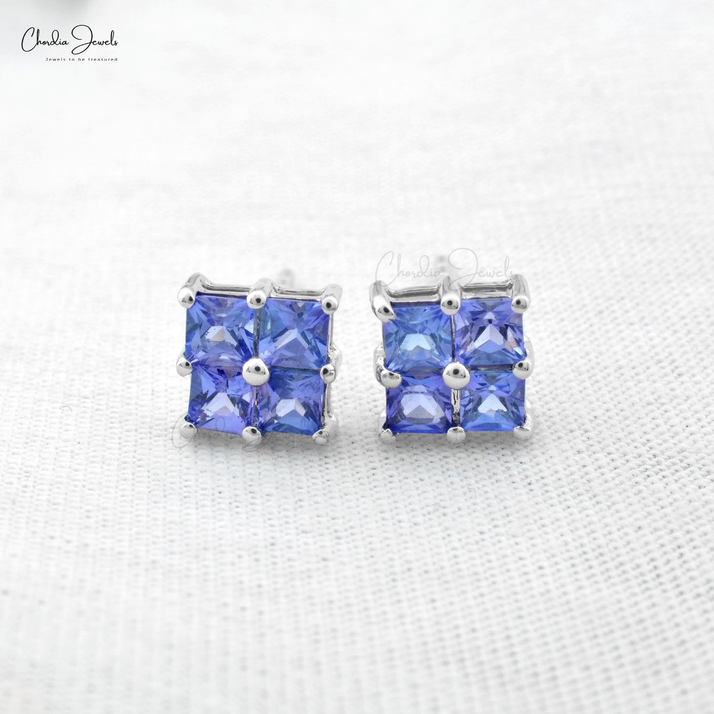 Genuine Blue Tanzanite Cluster Earrings 3mm Square Cut Push Back Studs 14k Real White Gold Tinny Jewelry For Wedding Gift