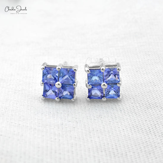 Genuine Blue Tanzanite Cluster Earrings 3mm Square Cut Push Back Studs 14k Real White Gold Tinny Jewelry For Wedding Gift