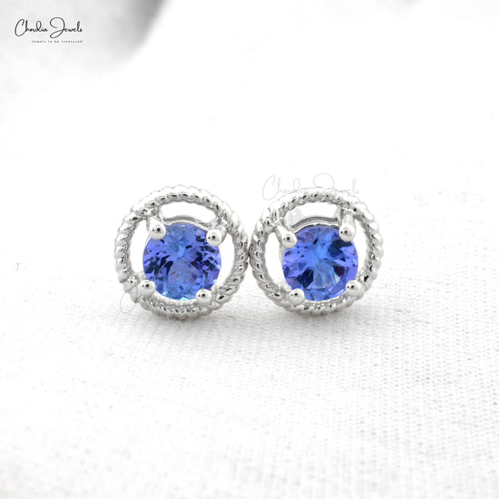 AAA Blue Tanzanite Prong Set Earrings 5mm Round Cut Gemstone Spiral Studs Genuine 14k Real Gold December Birthstone Jewelry For Gift