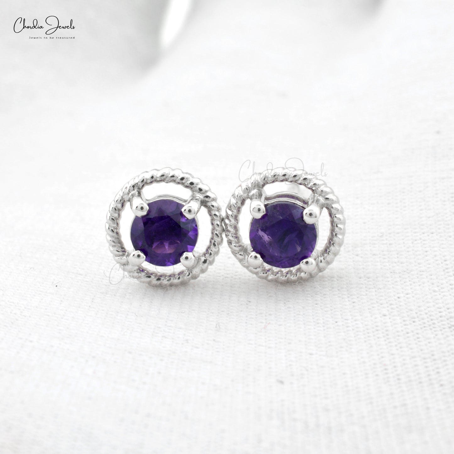 Beautiful Authentic Purple Amethyst Stylish Halo Spiral Studs Round Brilliant Cut Gemstone Stud Earrings in 14k Real White Gold Gift For Her