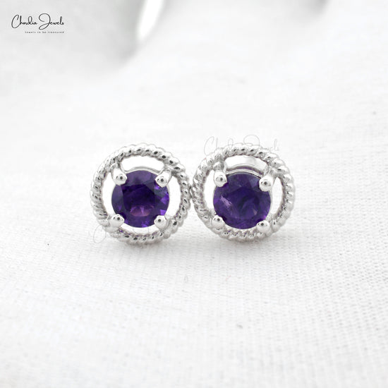 Beautiful Authentic Purple Amethyst Stylish Halo Spiral Studs Round Brilliant Cut Gemstone Stud Earrings in 14k Real White Gold Gift For Her