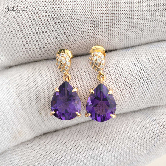 Natural Pear-Cut 4.05 Carat Amethyst Drop Earring in 14k Gold Diamond, February birthstone  