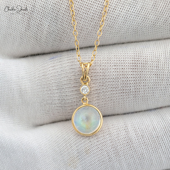 Natural Rainbow Moonstone Dangling Pendant Necklace Real 14k Yellow Gold Diamond Pendant Anniversary Gift For Women