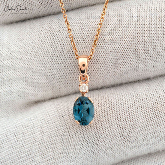 Genuine 7x5mm Oval London Blue Topaz Stylish Pendant Necklace 14k Solid Rose Gold Diamond Accent Pendant Gift For Mom and Sister