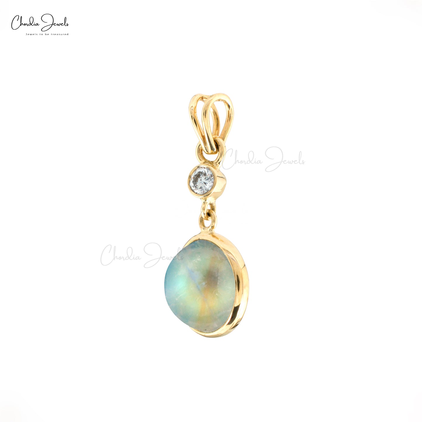 Natural Rainbow Moonstone Dangling Pendant Necklace Real 14k Yellow Gold Diamond Pendant Anniversary Gift For Women