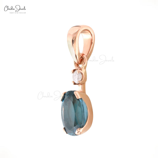 Genuine 7x5mm Oval London Blue Topaz Stylish Pendant Necklace 14k Solid Rose Gold Diamond Accent Pendant Gift For Mom and Sister