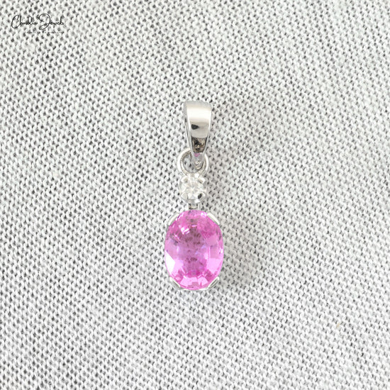 Real 14k Real White Gold Solitaire Pendant Natural Pink Sapphire & Diamond Charm Pendant Necklace Jewelry For Valentine Gift
