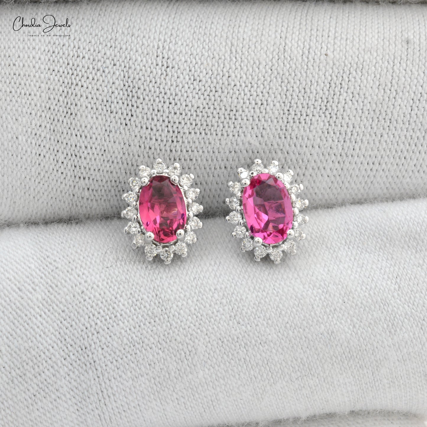 Sparkling Pink Tourmaline 6x4mm Oval Cut Halo Studs 14k Real White Gold 1.1mm Round Cut Diamond Light Weight Jewelry For Gift
