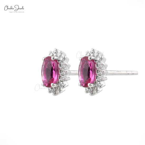 Sparkling Pink Tourmaline 6x4mm Oval Cut Halo Studs 14k Real White Gold 1.1mm Round Cut Diamond Light Weight Jewelry For Gift
