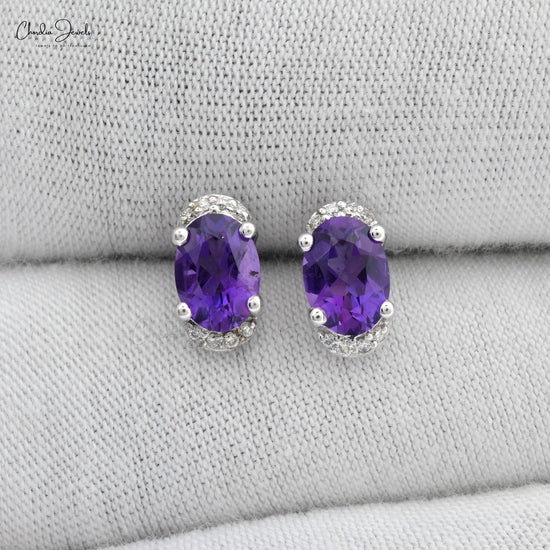 Load image into Gallery viewer, Oval Cut Amethyst Stud Earrings in 14k Solid White Gold Diamond
