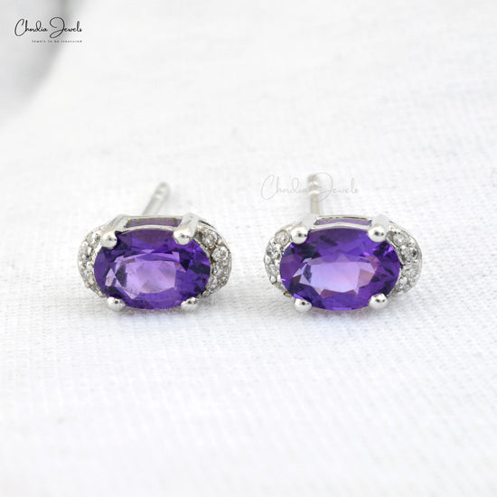 Purple Amethyst Half Halo Studs 7x5mm Oval Cut Natural Gemstone Handmade Earrings 14k Real Gold Diamond Summer Jewelry