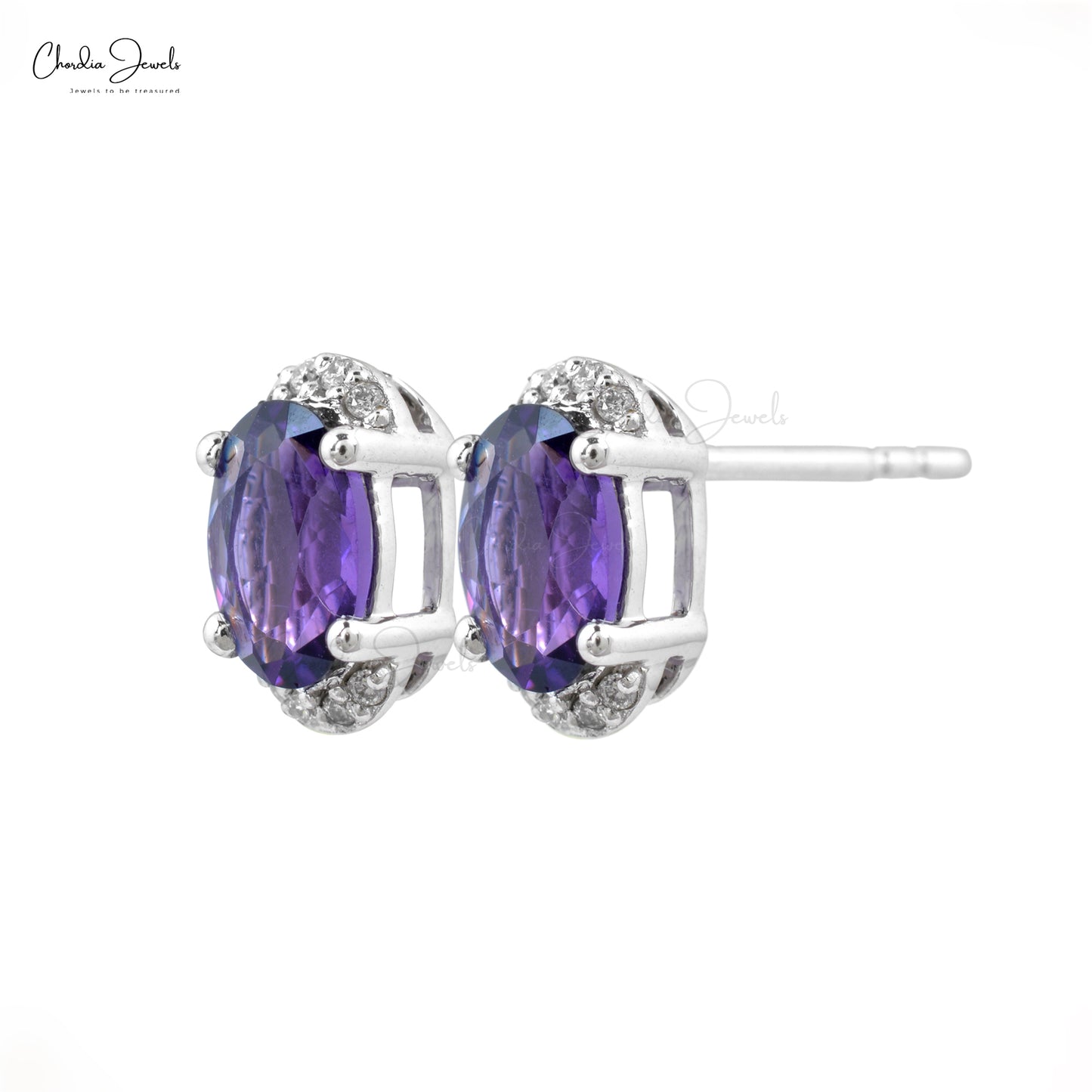 Load image into Gallery viewer, Oval Cut Amethyst Stud Earrings in 14k Solid White Gold Diamond
