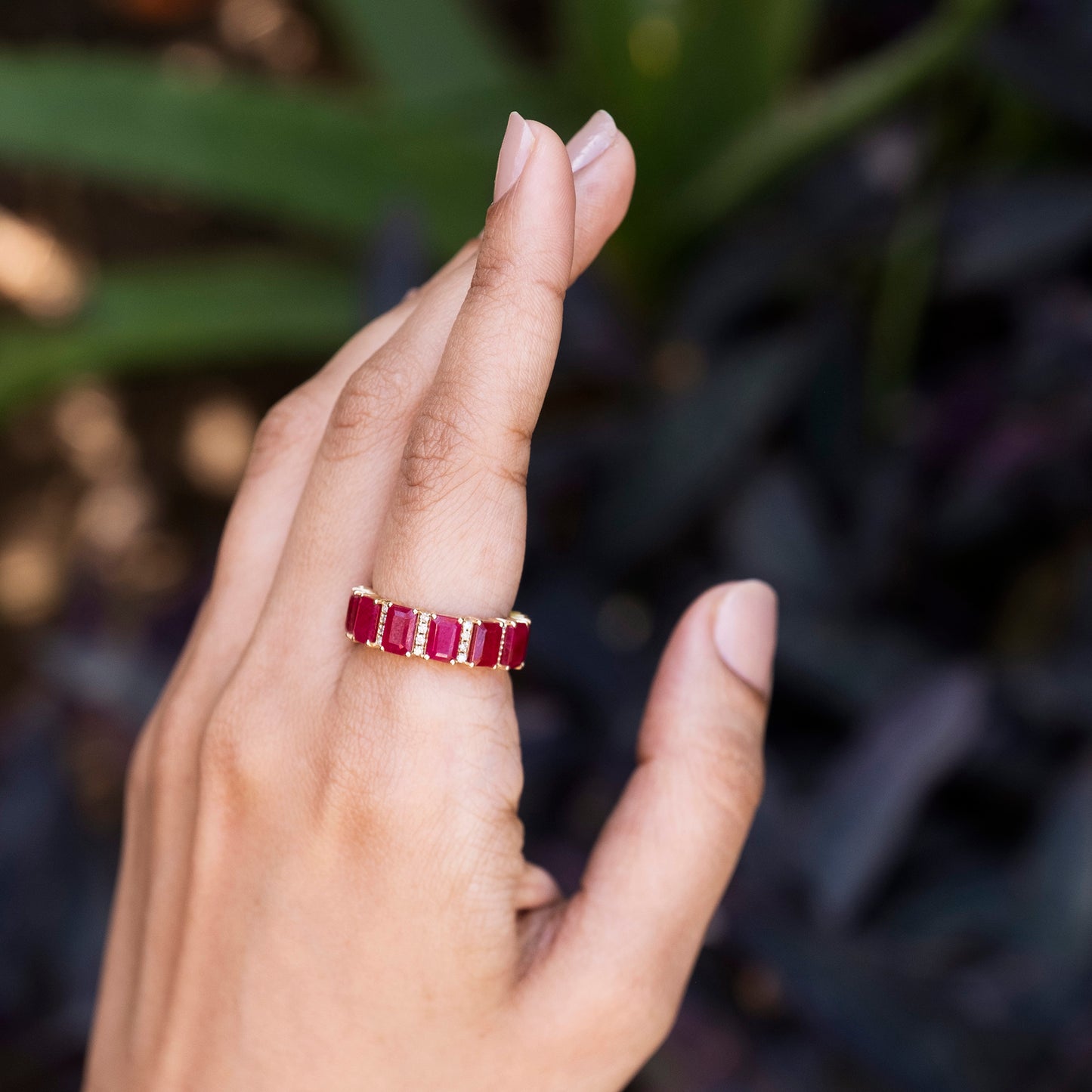 Platinum Emerald Cut Ruby Centre with Single Halo & Diamond Shoulders Ring  - Diamonds from Faith Jewellers UK