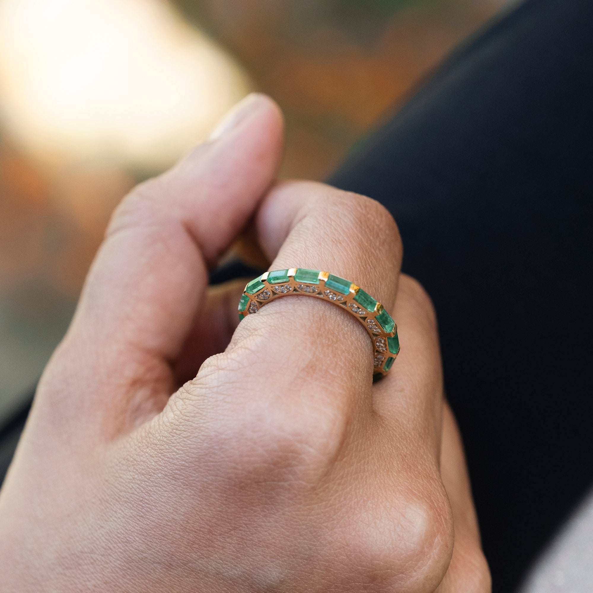 Natural Green Emerald Eternity Band Ring For Her in 14k Solid Gold