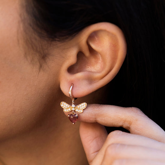 Natural Pink Tourmaline Dangling Hoops Earrings 14k Real Rose Gold Diamond Earrings 4.34 Ct Heart Shape Gemstone Minimalist Jewelry