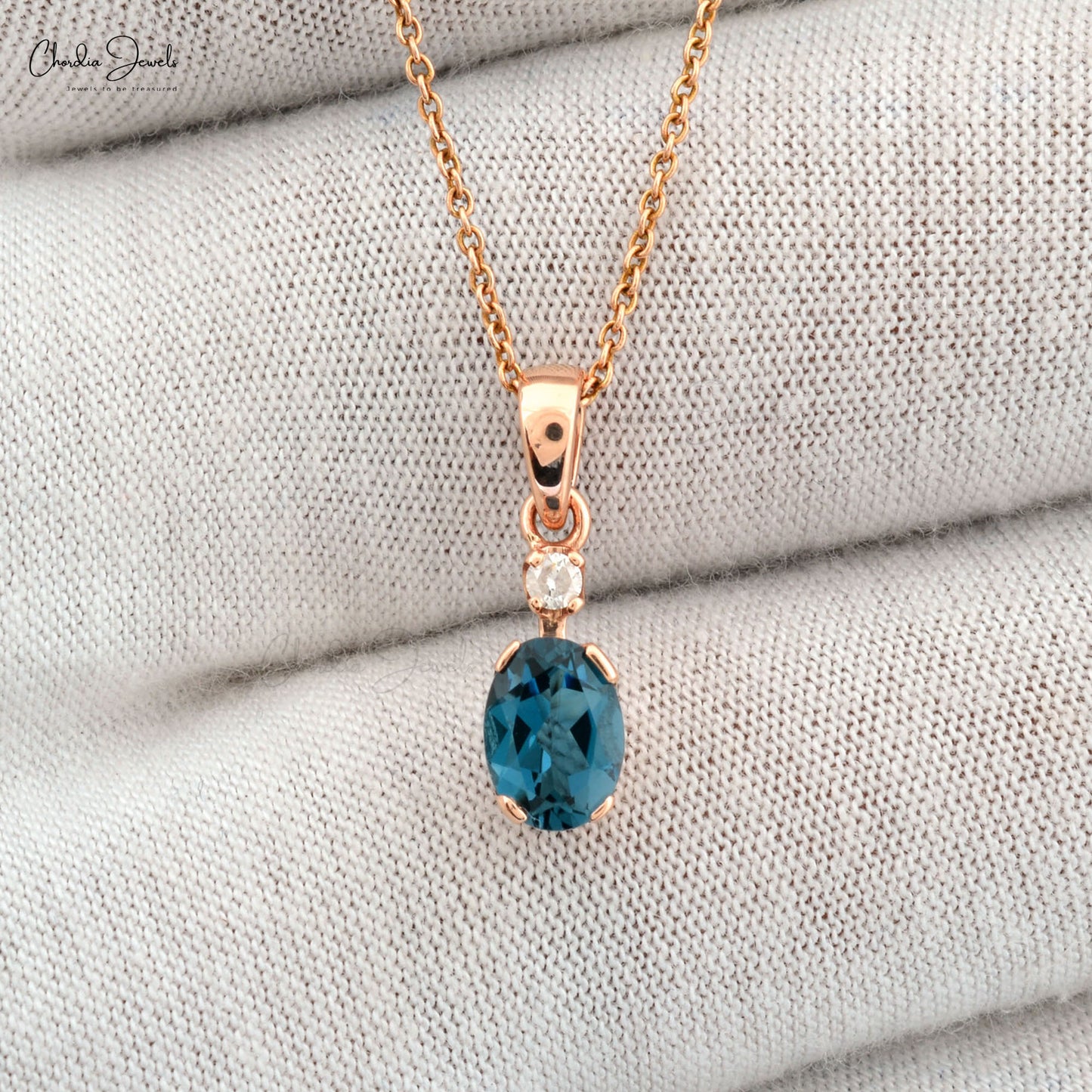 Natural London Blue Topaz 14k Rose Gold Diamond Pendant Prong Set Gemstone Pendant For Her