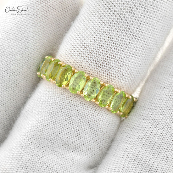 Natural Peridot Ring, 14k Solid Yellow Gold Peridot Band, August Birthstone Eternity Band Ring, 5 Carat Natural Gemstone Wedding Ring, 5x3mm Oval Cut Anniversary Ring For Her