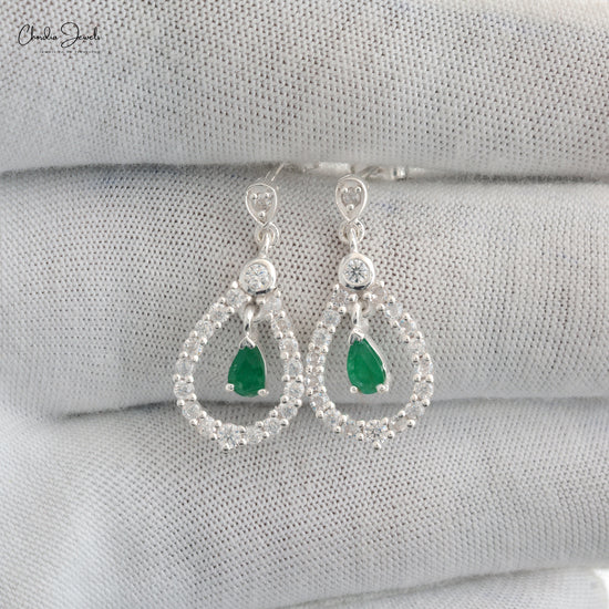 High Quality Emerald Dangling Earring with Zircon Halo 925 Sterling Silver Push Back Earrings For Gift