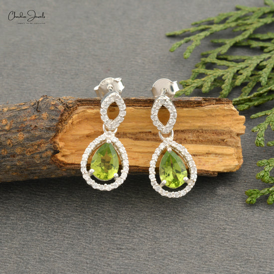 Hight Quality Jewelry Bezel-Set Peridot Dangling Earring with 925 Sterling Silver Cubic Zircon Push Back Earrings For Wedding Gift